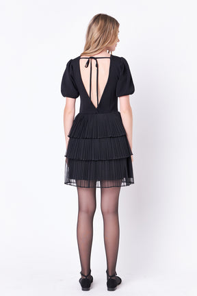 ENGLISH FACTORY - Puff Sleeve Mixed Media Mini Dress in Black - DRESSES available at Objectrare
