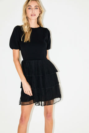 Puff Sleeve Mixed Media Mini Dress in Black