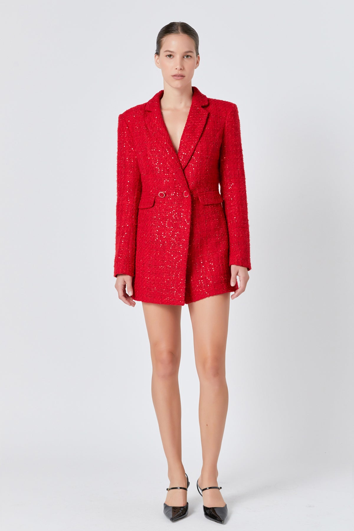 ENDLESS ROSE - Premium Sequin Tweed Blazer Romper - ROMPERS available at Objectrare