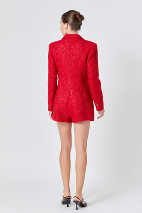 ENDLESS ROSE - Premium Sequin Tweed Blazer Romper - ROMPERS available at Objectrare
