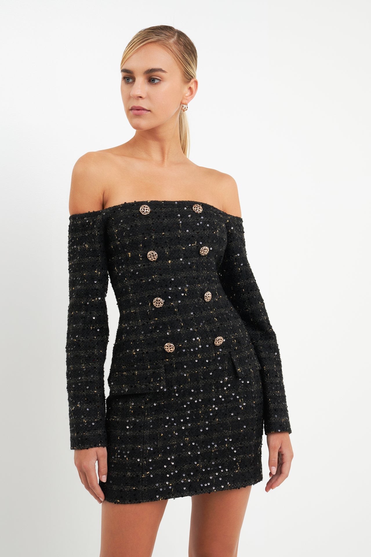 ENDLESS ROSE - Off-The-Shoulder Tweed Mini Dress - DRESSES available at Objectrare