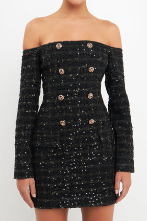 ENDLESS ROSE - Off-The-Shoulder Tweed Mini Dress - DRESSES available at Objectrare