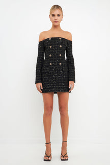 ENDLESS ROSE - Off-The-Shoulder Tweed Mini Dress - DRESSES available at Objectrare