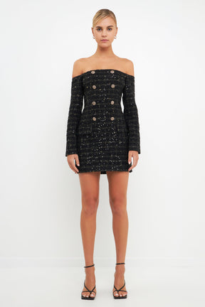 ENDLESS ROSE - Off-The-Shoulder Tweed Mini Dress - DRESSES available at Objectrare