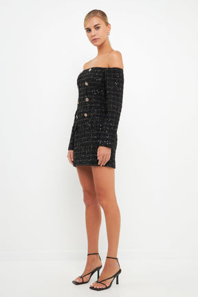 ENDLESS ROSE - Off-The-Shoulder Tweed Mini Dress - DRESSES available at Objectrare