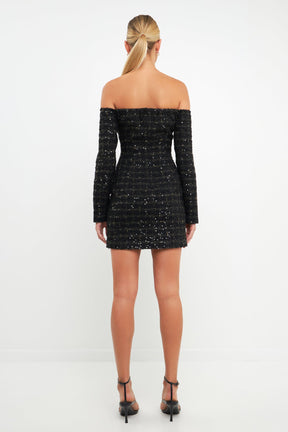 ENDLESS ROSE - Off-The-Shoulder Tweed Mini Dress - DRESSES available at Objectrare
