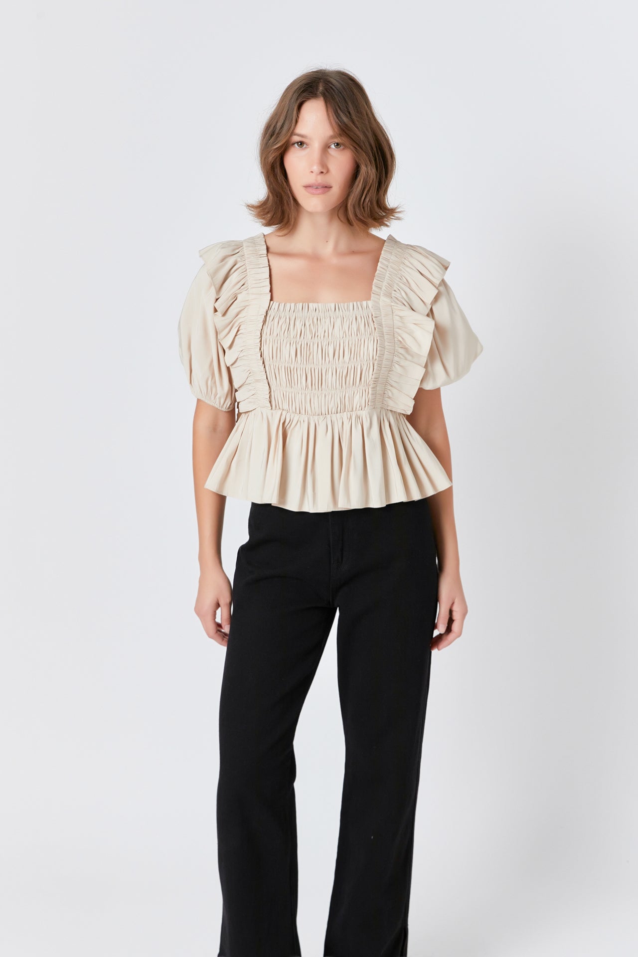 ENDLESS ROSE - Smocked Puff Sleeve Peplum Crop Top - TOPS available at Objectrare