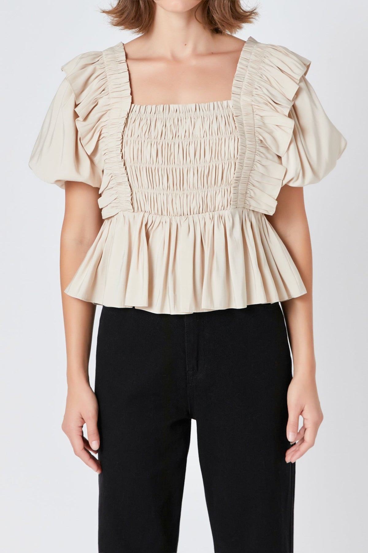 ENDLESS ROSE - Smocked Puff Sleeve Peplum Crop Top - TOPS available at Objectrare