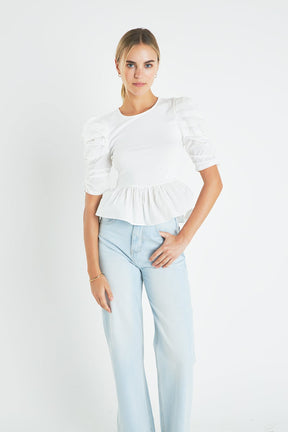 ENGLISH FACTORY - English Factory - Pleated Puff Sleeve Top in White - TOPS available at Objectrare