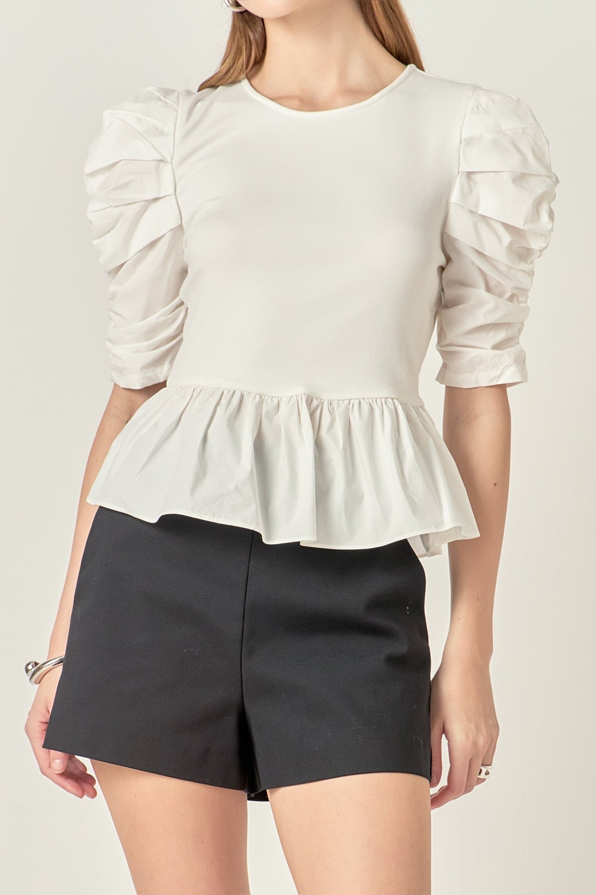 Pleated Puff Sleeve Top in White