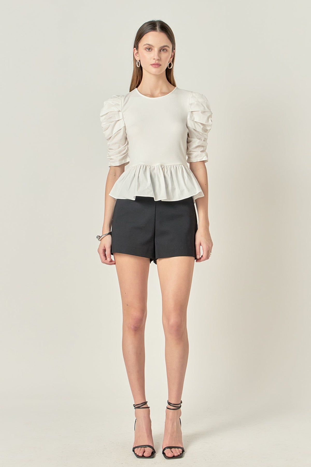 Pleated Puff Sleeve Top in White
