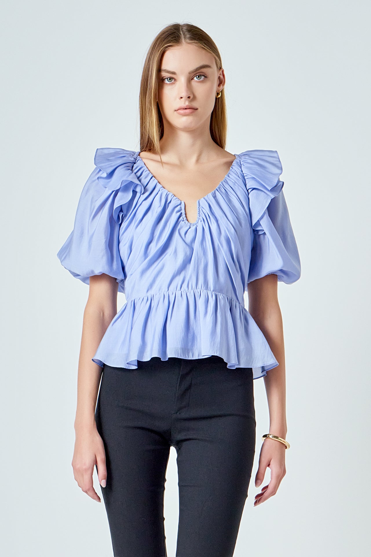 ENDLESS ROSE - Puff Sleeve Peplum Top - TOPS available at Objectrare