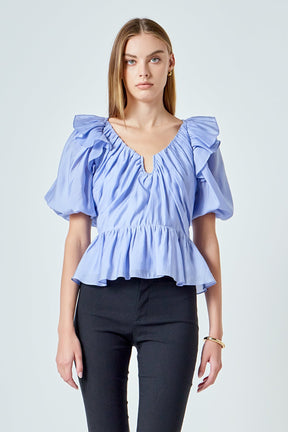 ENDLESS ROSE - Puff Sleeve Peplum Top - TOPS available at Objectrare