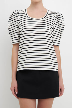 ENGLISH FACTORY - Stripe Pleated Puff Sleeve Top - TOPS available at Objectrare
