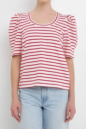 ENGLISH FACTORY - Stripe Pleated Puff Sleeve Top - TOPS available at Objectrare