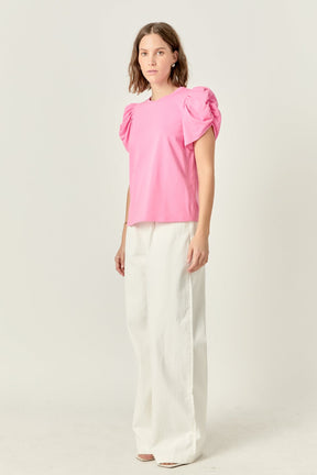 ENGLISH FACTORY - Ruched Sleeve T-Shirt - TOPS available at Objectrare