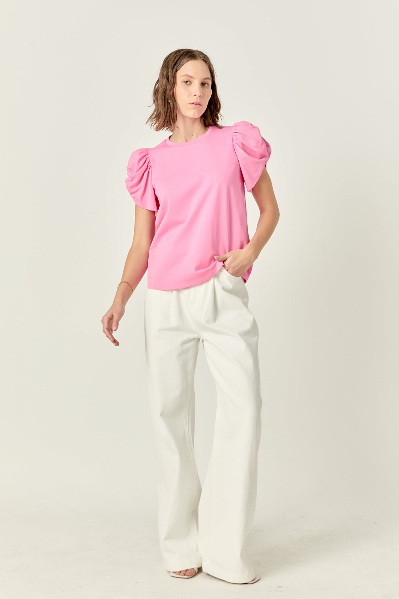 ENGLISH FACTORY - Ruched Sleeve T-Shirt - TOPS available at Objectrare