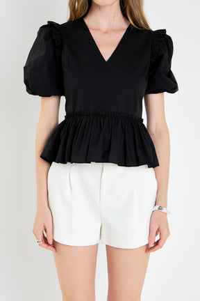 ENGLISH FACTORY - V-neckline Puff Sleeve Top - TOPS available at Objectrare