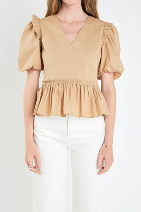 ENGLISH FACTORY - V-neckline Puff Sleeve Top - TOPS available at Objectrare