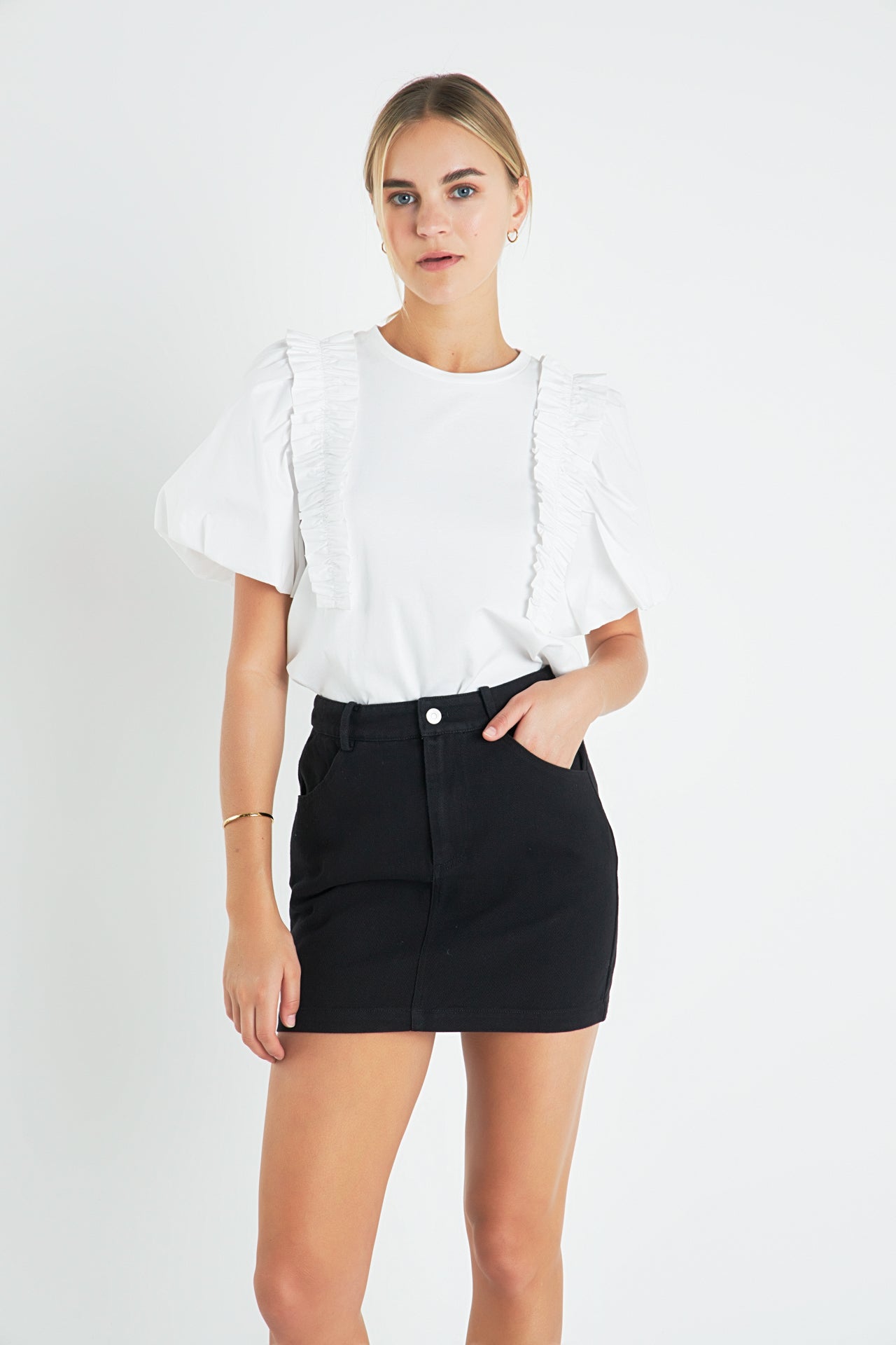 ENGLISH FACTORY - Ruffle Mixed Media Top - TOPS available at Objectrare