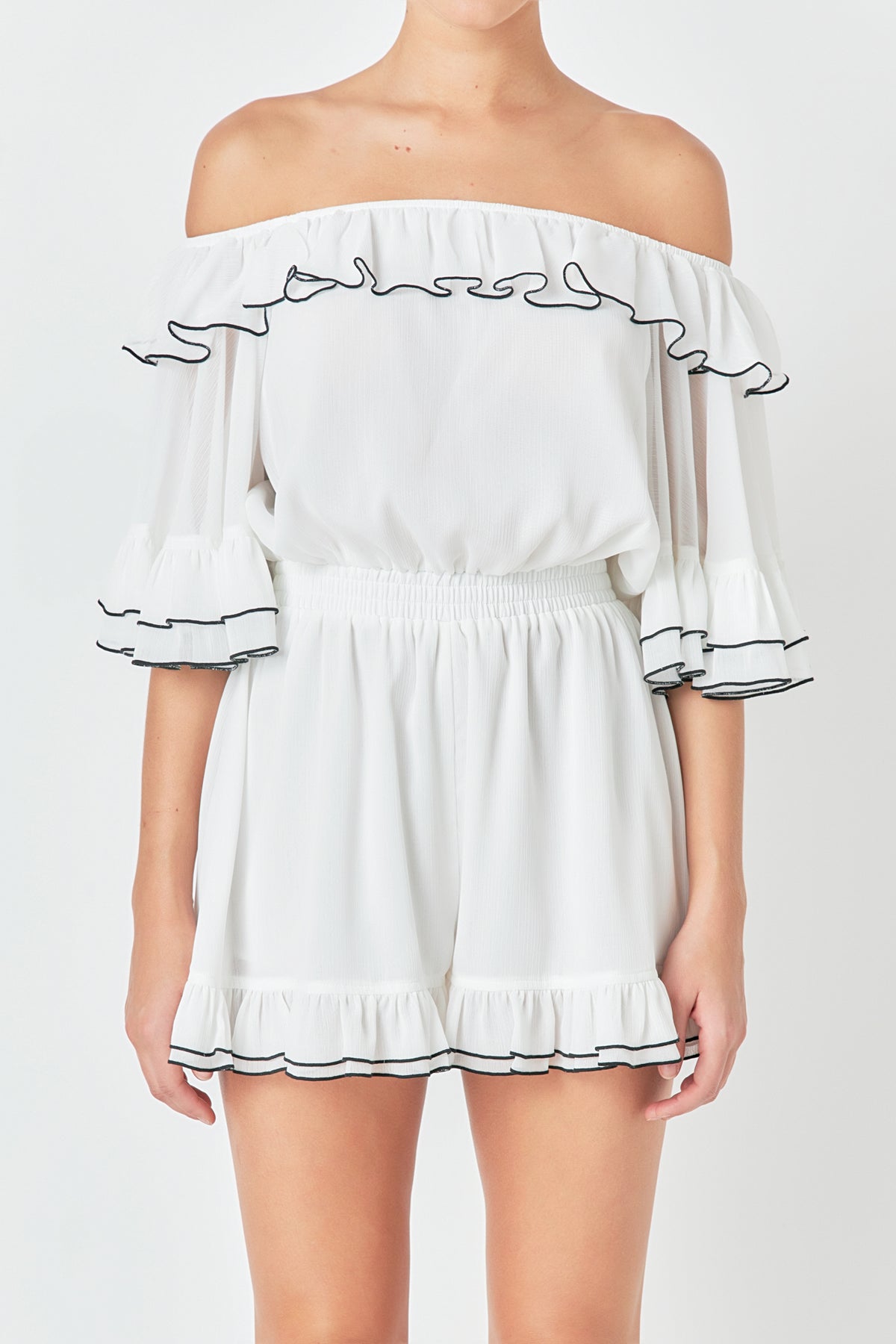 ENDLESS ROSE - Off-The-Shoulder Ruffled Romper - ROMPERS available at Objectrare