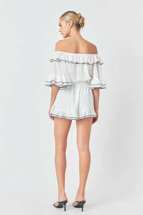 ENDLESS ROSE - Off-The-Shoulder Ruffled Romper - ROMPERS available at Objectrare