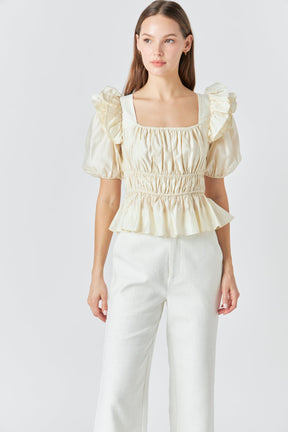 ENDLESS ROSE - Endless Rose - Square Neckline Smocked Puff Sleeve Top - TOPS available at Objectrare