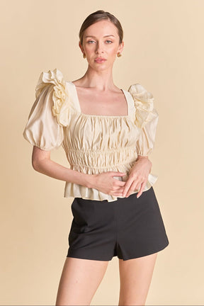 ENDLESS ROSE - Smocked Puff Sleeve Top - TOPS available at Objectrare