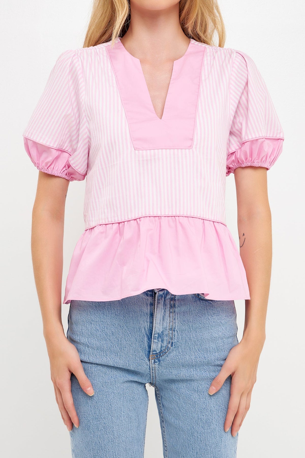 ENGLISH FACTORY - English Factory - V Neck Puff Sleeve Peplum Top - TOPS available at Objectrare