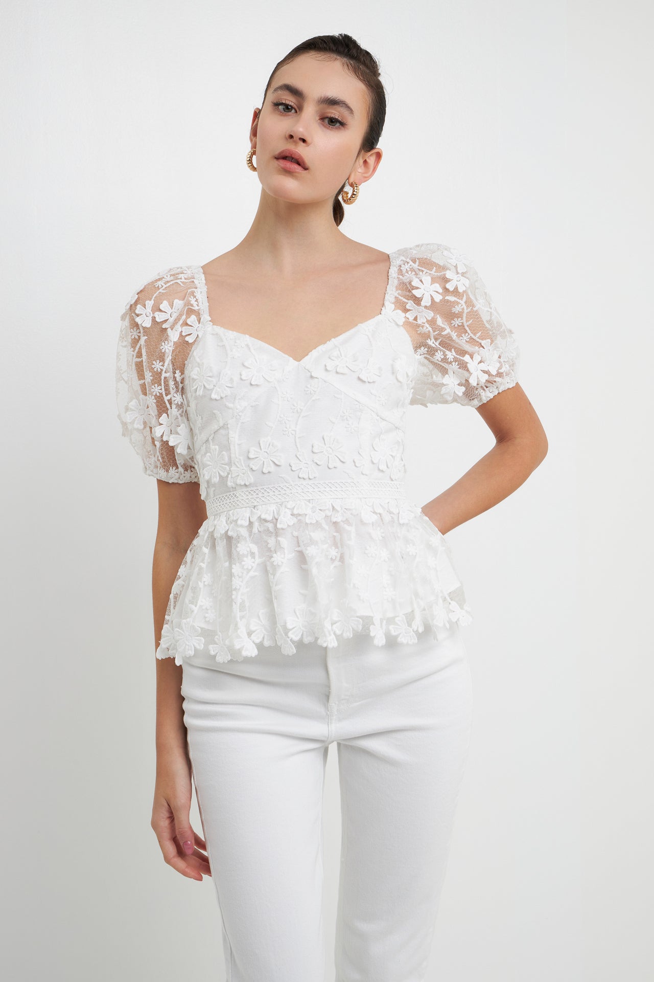 ENDLESS ROSE - Endless Rose - Floral Embroidered Lace Peplum Top - TOPS available at Objectrare