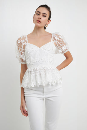 ENDLESS ROSE - Floral Embroidered Lace Peplum Top - TOPS available at Objectrare
