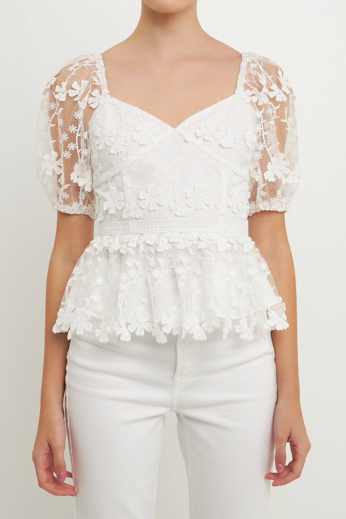 ENDLESS ROSE - Endless Rose - Floral Embroidered Lace Peplum Top - TOPS available at Objectrare