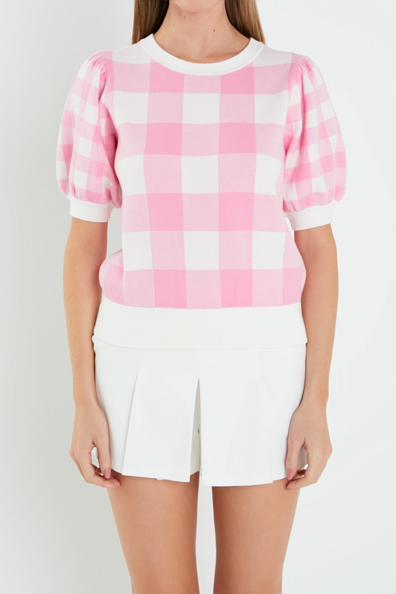 ENGLISH FACTORY - Gingham Puff Sleeve Knit Top - TOPS available at Objectrare