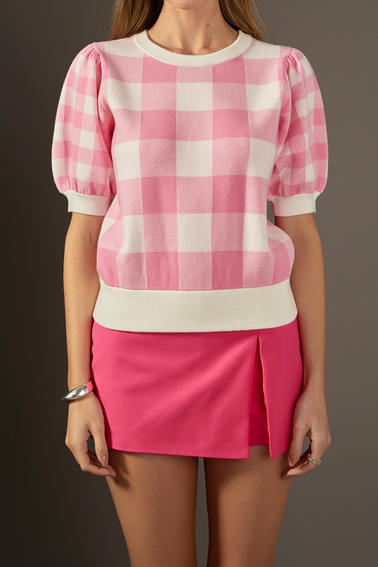 ENGLISH FACTORY - English Factory - Gingham Puff Sleeve Knit Top - TOPS available at Objectrare