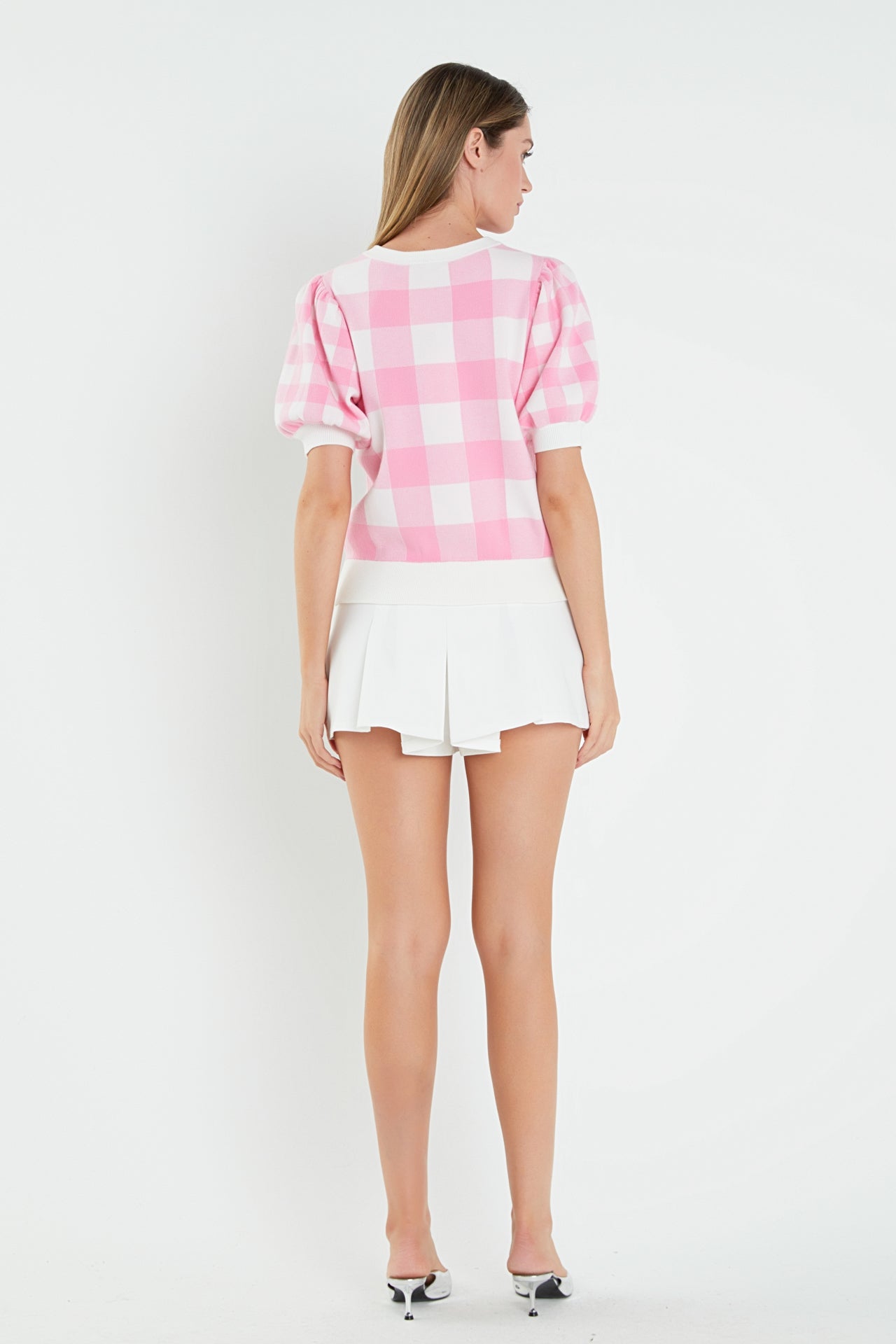 ENGLISH FACTORY - Gingham Puff Sleeve Knit Top - TOPS available at Objectrare
