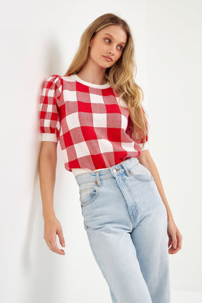 ENGLISH FACTORY - English Factory - Gingham Puff Sleeve Knit Top - TOPS available at Objectrare