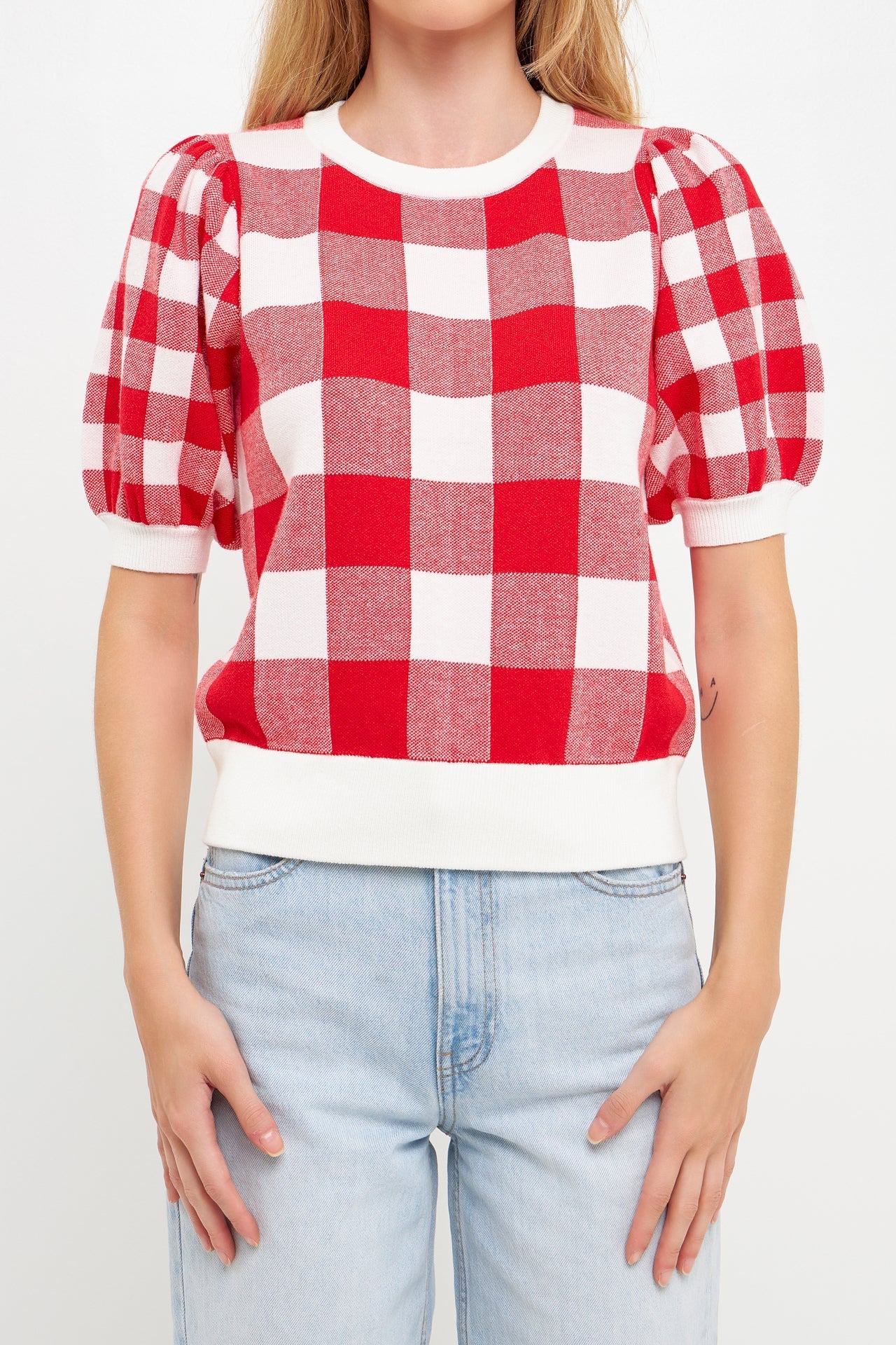 ENGLISH FACTORY - English Factory - Gingham Puff Sleeve Knit Top - TOPS available at Objectrare