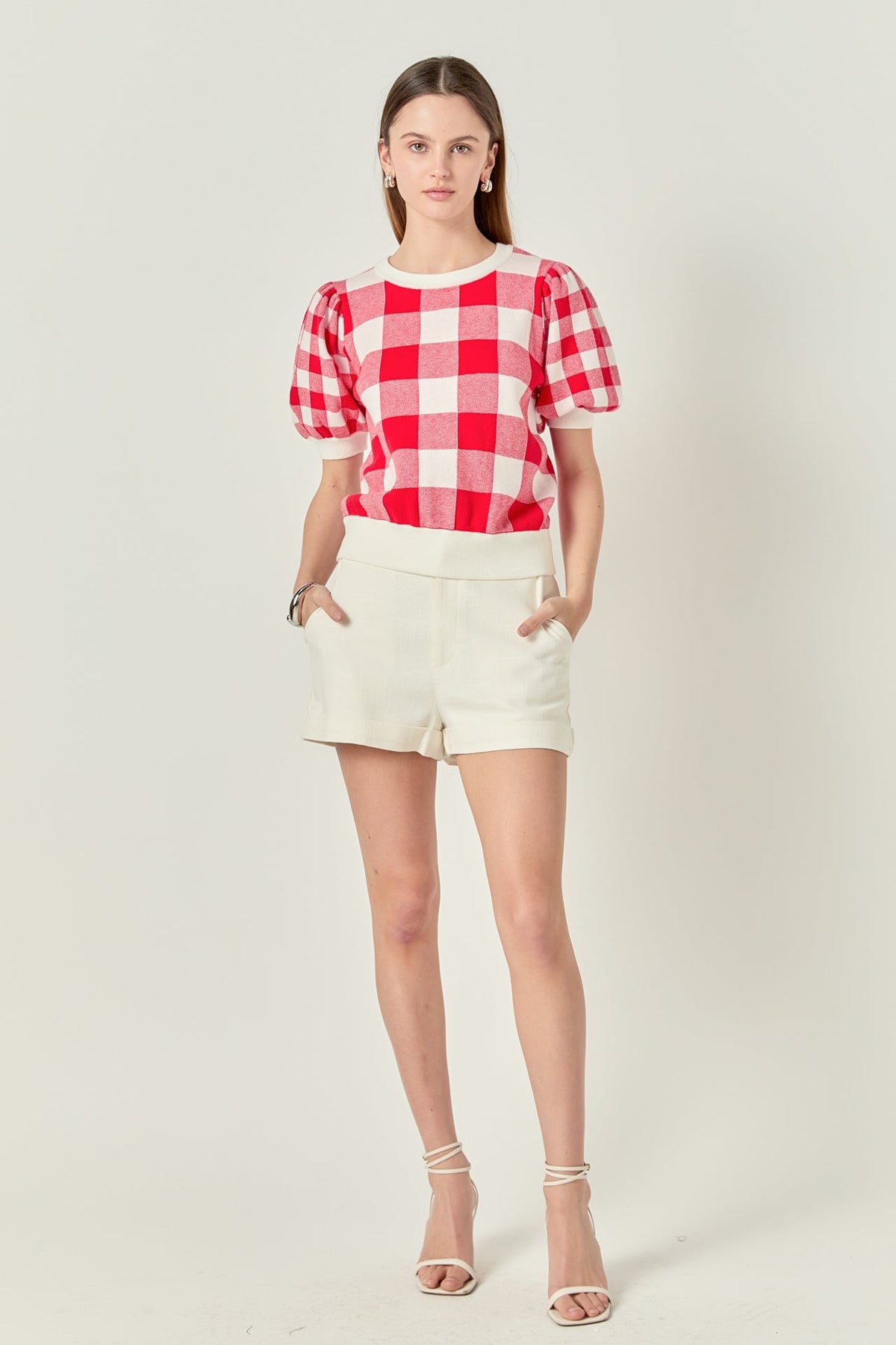ENGLISH FACTORY - Gingham Puff Sleeve Knit Top - TOPS available at Objectrare