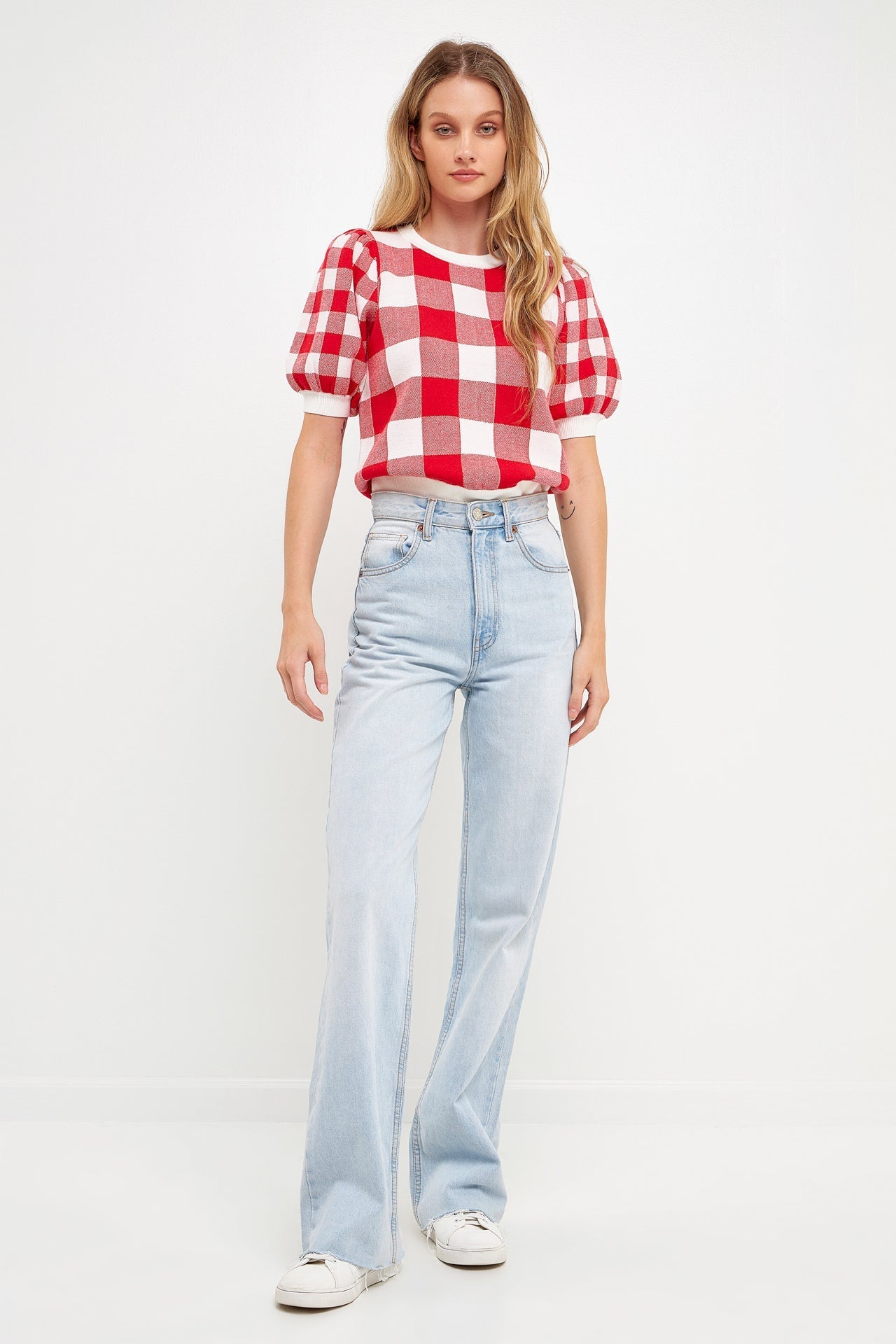 ENGLISH FACTORY - English Factory - Gingham Puff Sleeve Knit Top - TOPS available at Objectrare