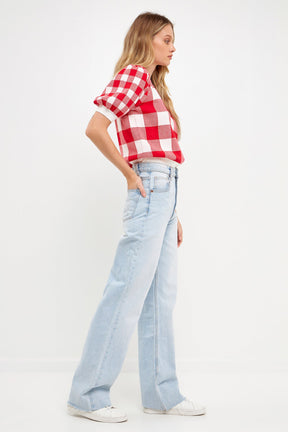 ENGLISH FACTORY - English Factory - Gingham Puff Sleeve Knit Top - TOPS available at Objectrare