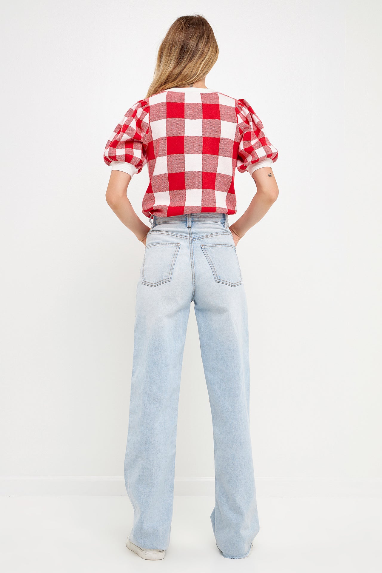 ENGLISH FACTORY - English Factory - Gingham Puff Sleeve Knit Top - TOPS available at Objectrare