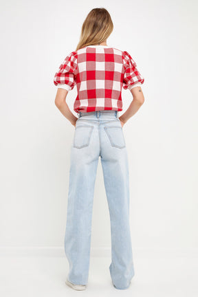 ENGLISH FACTORY - English Factory - Gingham Puff Sleeve Knit Top - TOPS available at Objectrare