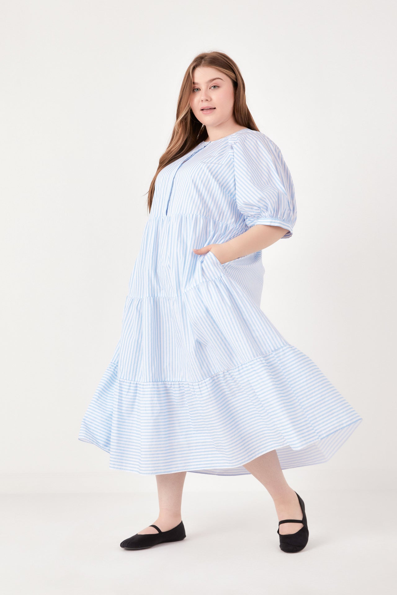 ENGLISH FACTORY - English Factory - Stripe Puff Sleeve Tiered Midi Dress - DRESSES available at Objectrare