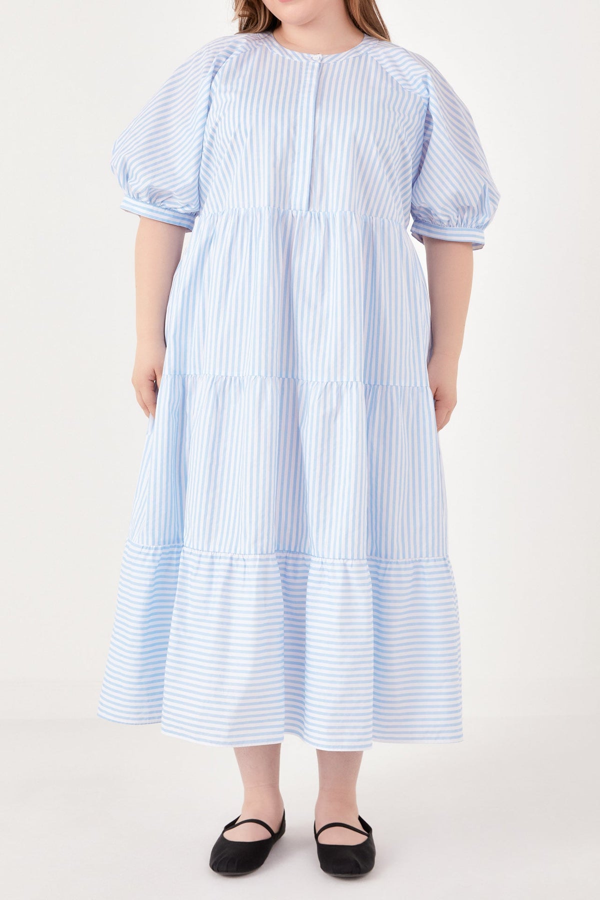 ENGLISH FACTORY - Stripe Puff Sleeve Tiered Midi Dress - DRESSES available at Objectrare