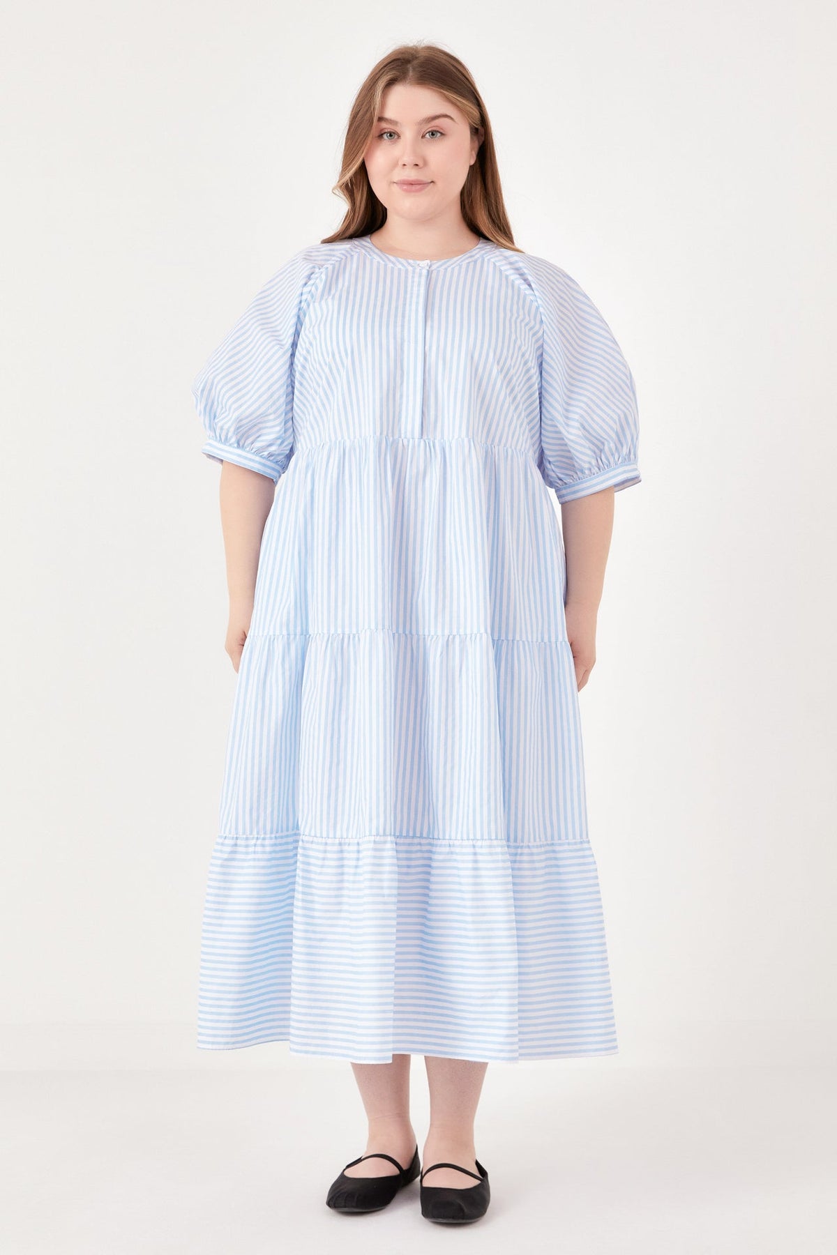 ENGLISH FACTORY - Stripe Puff Sleeve Tiered Midi Dress - DRESSES available at Objectrare