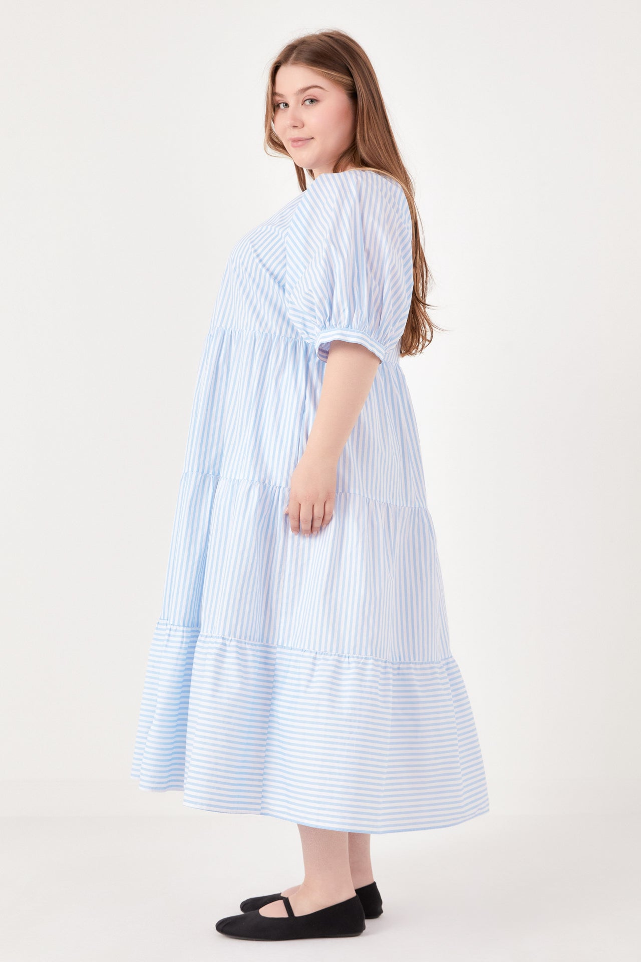 ENGLISH FACTORY - English Factory - Stripe Puff Sleeve Tiered Midi Dress - DRESSES available at Objectrare