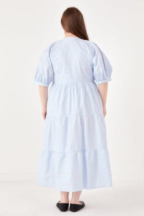 ENGLISH FACTORY - English Factory - Stripe Puff Sleeve Tiered Midi Dress - DRESSES available at Objectrare