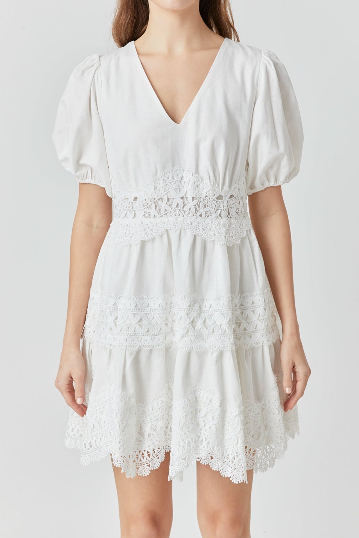 ENDLESS ROSE - Short Puff Sleeves Lace Trim Mini Dress - DRESSES available at Objectrare