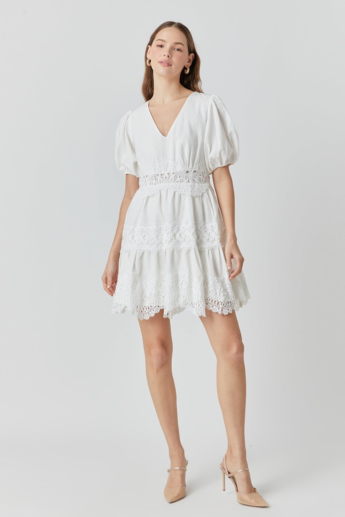 ENDLESS ROSE - Short Puff Sleeves Lace Trim Mini Dress - DRESSES available at Objectrare