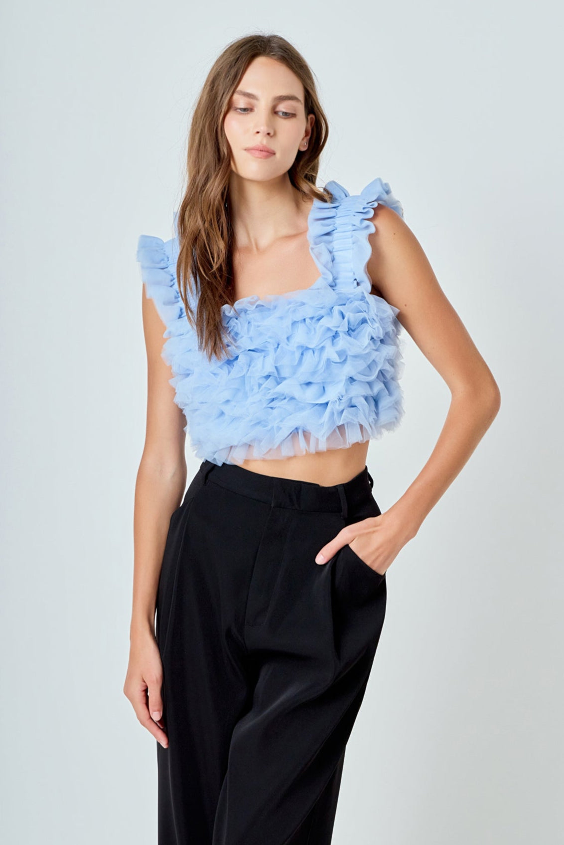 ENDLESS ROSE - Ruffled Shoulder Strap Tulle Top - TOPS available at Objectrare